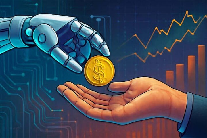 An AI robot hand handing over a coin to a human hand