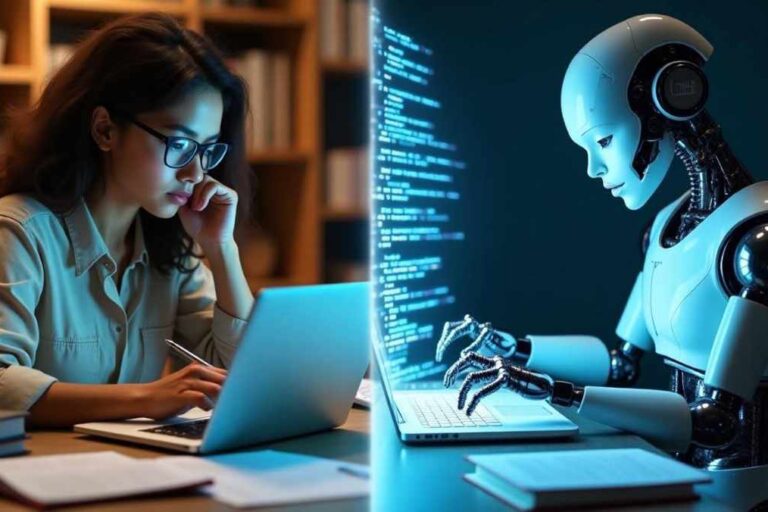 AI Plagiarism and The Death of Truth A split-screen of a student writing by hand or typing on a laptop on one side, and a robot or AI typing on the other side.