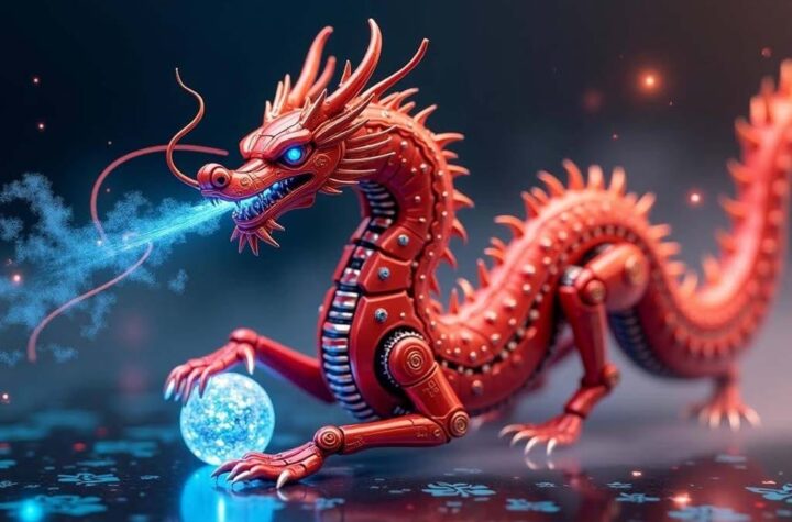 The rise of AI in China A robotic Chinese dragon breathing digital fire