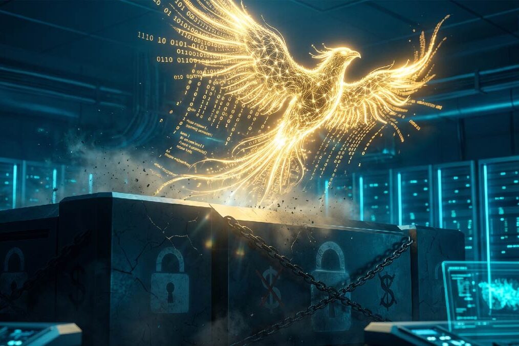 A cinematic futuristic image showing a glowing open-source AI model breaking free and rising powerfully from a dark, expensive closed AI system. Golden neural networks and code streams flowing upward like a phoenix, with subtle dollar signs and locked chains fading below. Dark blue and electric cyan color palette, high-tech atmosphere, dramatic lighting, wide aspect ratio, professional tech blog style.