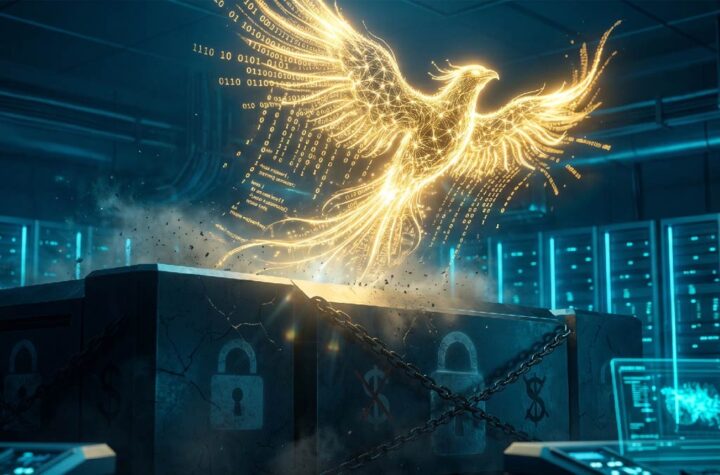 A cinematic futuristic image showing a glowing open-source AI model breaking free and rising powerfully from a dark, expensive closed AI system. Golden neural networks and code streams flowing upward like a phoenix, with subtle dollar signs and locked chains fading below. Dark blue and electric cyan color palette, high-tech atmosphere, dramatic lighting, wide aspect ratio, professional tech blog style.