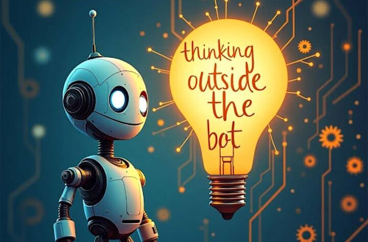 An AI robot looking at a lightbulb. Thinking outside the bot.