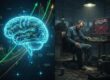 A split-screen image: Left: glowing AI “brain” made of circuitry, surrounded by stock-market tickers and soaring graphs (to echo NVIDIA / IPO valuations). Right: a dim, cluttered office or factory floor with a frustrated worker staring at an error message or tangled workflows.