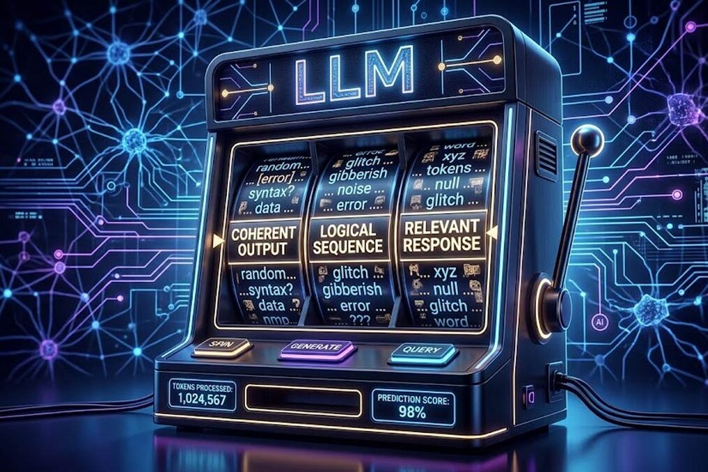 LLMs Token Slot Machines A dark, modern illustration of a slot machine labeled “LLM,” with reels made of tokens, letters, or tiny words, a few “winning” outputs shown as polished text fragments. Other reels showing jumbled or inconsistent wording. Subtle AI cues like circuit lines, glowing nodes, or a neural-network pattern in the background.