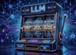 A dark, modern illustration of a slot machine labeled “LLM,” with reels made of tokens, letters, or tiny words, a few “winning” outputs shown as polished text fragments. Other reels showing jumbled or inconsistent wording. Subtle AI cues like circuit lines, glowing nodes, or a neural-network pattern in the background.