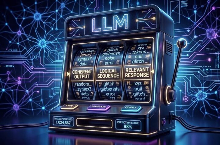 LLMs Token Slot Machines A dark, modern illustration of a slot machine labeled “LLM,” with reels made of tokens, letters, or tiny words, a few “winning” outputs shown as polished text fragments. Other reels showing jumbled or inconsistent wording. Subtle AI cues like circuit lines, glowing nodes, or a neural-network pattern in the background.