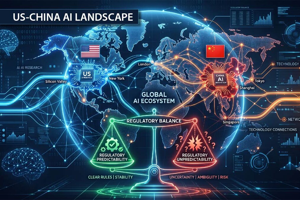 A world map or stylised globe with US and China flags or colour zones. Overlay of AI chips / neural network lines connecting regions. A scale or balance icon to suggest “regulatory predictability vs unpredictability”