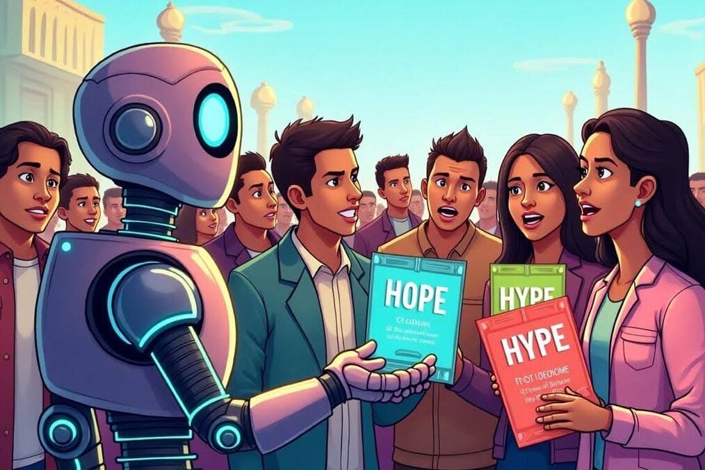 Cartoon-style art highlighting both hype and anxiety (e.g., a robot handing out conflicting "Hope" and "Hype" flyers to a sceptical crowd).