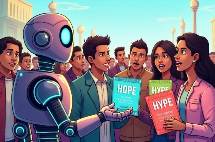 What the world thinks about AI Cartoon-style art highlighting both hype and anxiety (e.g., a robot handing out conflicting "Hope" and "Hype" flyers to a sceptical crowd).