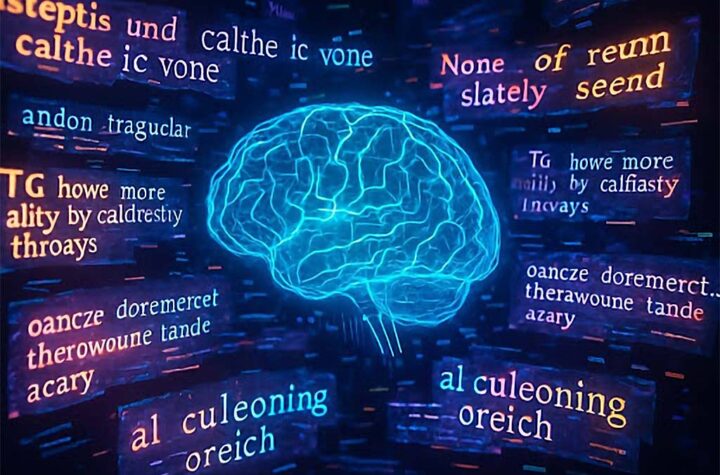 An ai brain surrounded by garbled words, hallucinating.