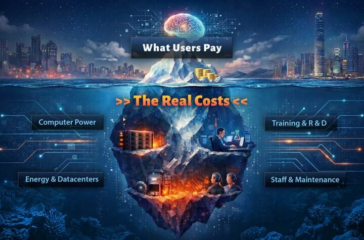 An Iceberg graphic with a Small tip above water labeled “what users pay,” huge hidden portion below labeled “real costs"