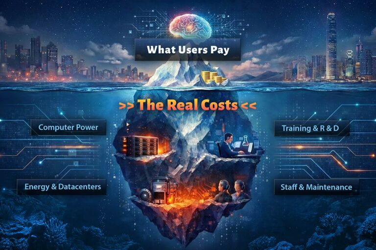 An Iceberg graphic with a Small tip above water labeled “what users pay,” huge hidden portion below labeled “real costs"