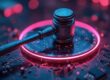 AI on trial: A gavel hitting some pink glowing electronic components.