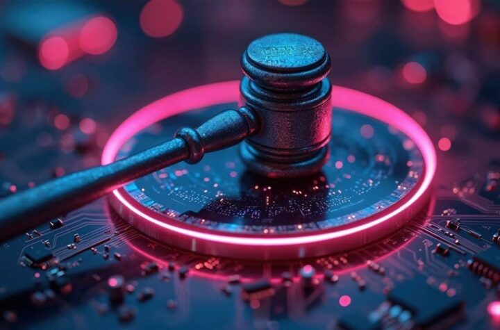 AI on trial: A gavel hitting some pink glowing electronic components.