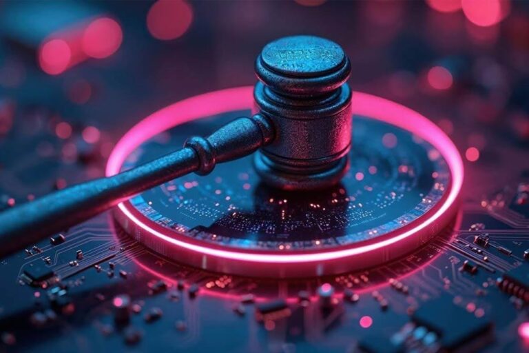 AI on trial: A gavel hitting some pink glowing electronic components.