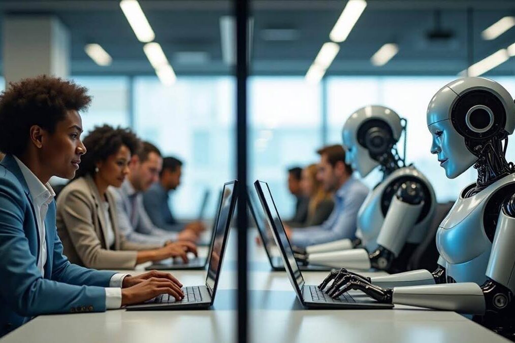 A split office with one side showing humans working, the other showing AI or robots performing similar tasks.